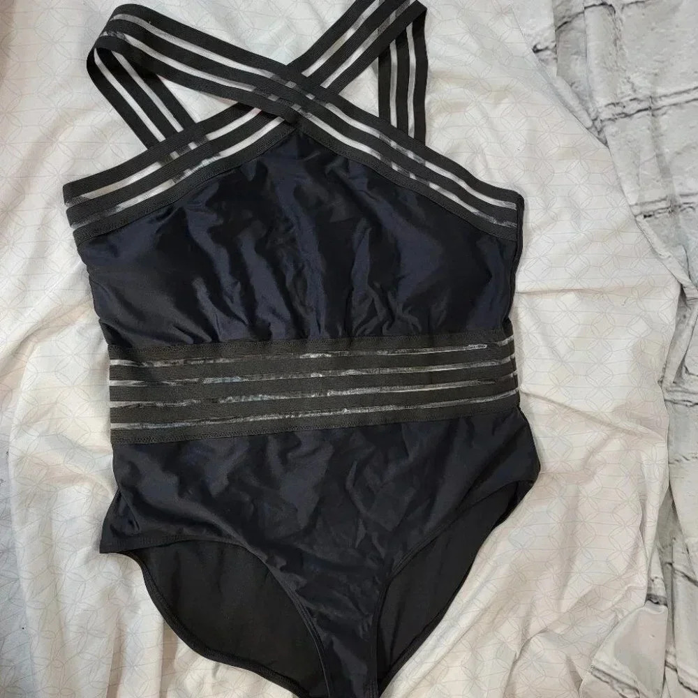 DAVI & Dani Black Criss Cross See Through Strap One Piece Swim Suit Womens 1XL